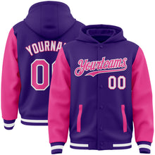 Charger l&#39;image dans la galerie, Custom Purple Pink-White Bomber Full-Snap Varsity Letterman Two Tone Hoodie Jacket
