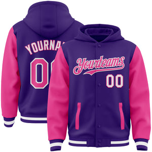 Custom Purple Pink-White Bomber Full-Snap Varsity Letterman Two Tone Hoodie Jacket