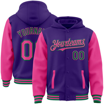 Custom Purple Pink-Kelly Green Bomber Full-Snap Varsity Letterman Two Tone Hoodie Jacket