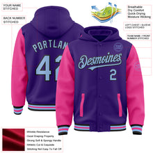 Laden Sie das Bild in den Galerie-Viewer, Custom Purple Light Blue Pink-Black Bomber Full-Snap Varsity Letterman Two Tone Hoodie Jacket
