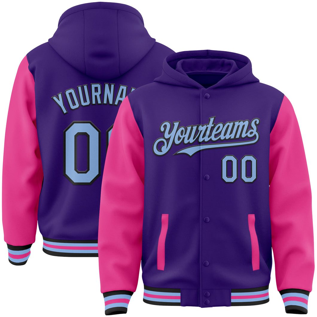 Custom Purple Light Blue Pink-Black Bomber Full-Snap Varsity Letterman Two Tone Hoodie Jacket