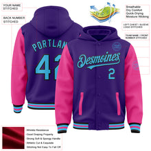 Laden Sie das Bild in den Galerie-Viewer, Custom Purple Sky Blue Pink-Black Bomber Full-Snap Varsity Letterman Two Tone Hoodie Jacket
