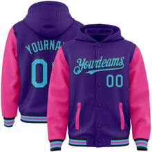 Charger l&#39;image dans la galerie, Custom Purple Sky Blue Pink-Black Bomber Full-Snap Varsity Letterman Two Tone Hoodie Jacket
