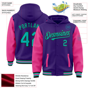 Custom Purple Aqua Pink-Black Bomber Full-Snap Varsity Letterman Two Tone Hoodie Jacket