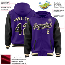 Charger l&#39;image dans la galerie, Custom Purple Black-Cream Bomber Full-Snap Varsity Letterman Two Tone Hoodie Jacket
