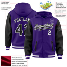 Load image into Gallery viewer, Custom Purple Black-White Bomber Full-Snap Varsity Letterman Two Tone Hoodie Jacket
