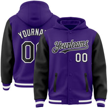 Load image into Gallery viewer, Custom Purple Black-White Bomber Full-Snap Varsity Letterman Two Tone Hoodie Jacket
