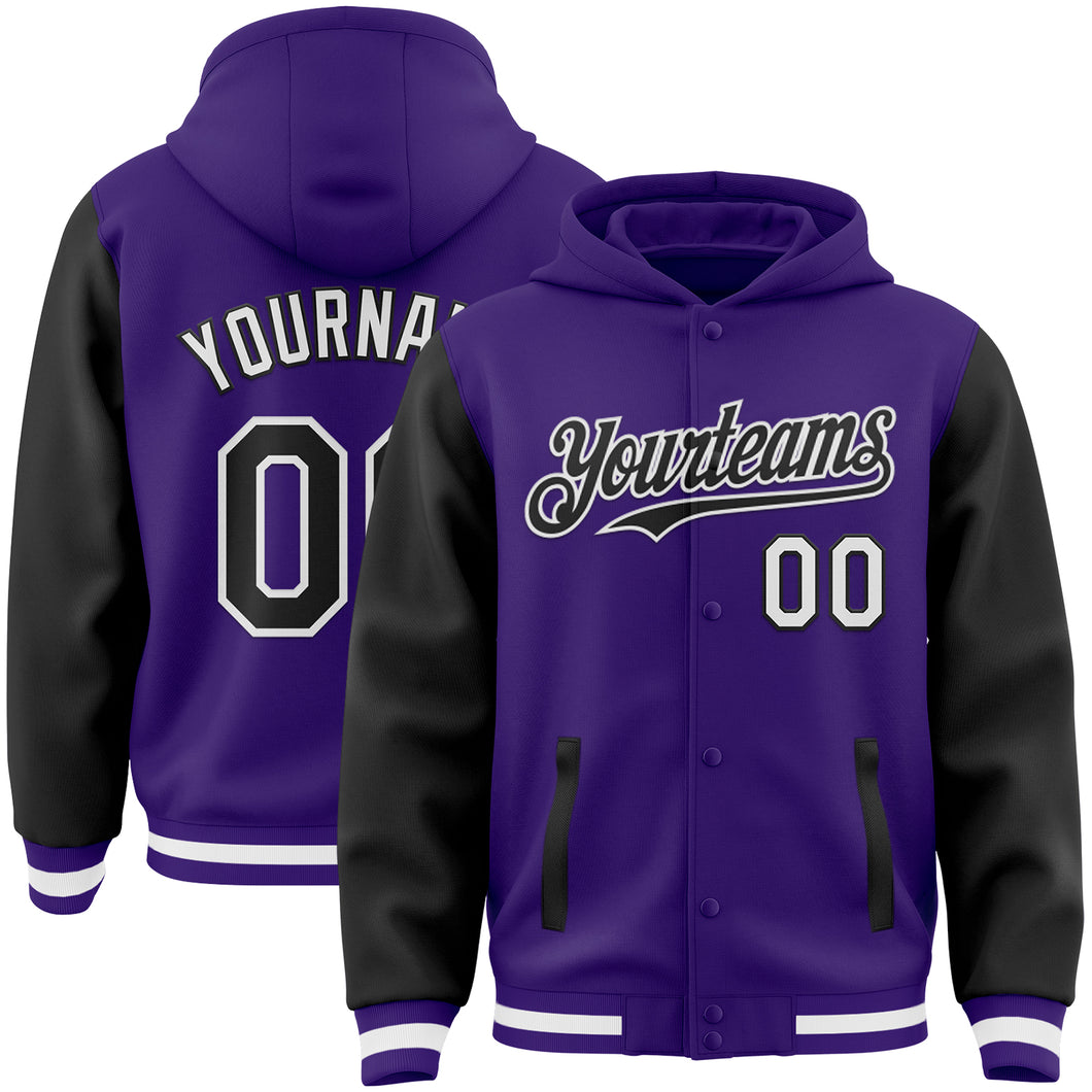 Custom Purple Black-White Bomber Full-Snap Varsity Letterman Two Tone Hoodie Jacket