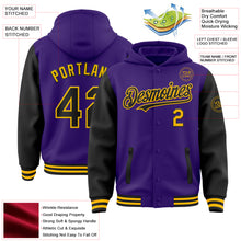 Charger l&#39;image dans la galerie, Custom Purple Black-Gold Bomber Full-Snap Varsity Letterman Two Tone Hoodie Jacket
