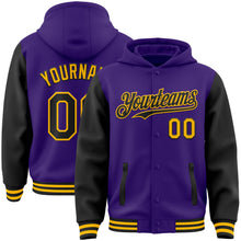 Charger l&#39;image dans la galerie, Custom Purple Black-Gold Bomber Full-Snap Varsity Letterman Two Tone Hoodie Jacket
