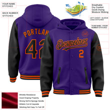 Charger l&#39;image dans la galerie, Custom Purple Black-Orange Bomber Full-Snap Varsity Letterman Two Tone Hoodie Jacket
