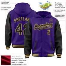 Charger l&#39;image dans la galerie, Custom Purple Black-Old Gold Bomber Full-Snap Varsity Letterman Two Tone Hoodie Jacket
