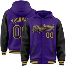 Загрузить изображение в средство просмотра галереи, Custom Purple Black-Old Gold Bomber Full-Snap Varsity Letterman Two Tone Hoodie Jacket
