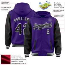 Charger l&#39;image dans la galerie, Custom Purple Black-Gray Bomber Full-Snap Varsity Letterman Two Tone Hoodie Jacket
