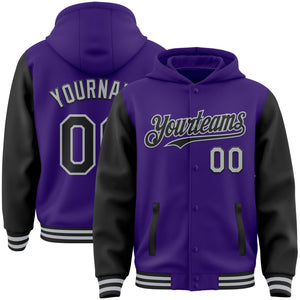 Custom Purple Black-Gray Bomber Full-Snap Varsity Letterman Two Tone Hoodie Jacket