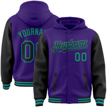 Загрузить изображение в средство просмотра галереи, Custom Purple Black-Teal Bomber Full-Snap Varsity Letterman Two Tone Hoodie Jacket
