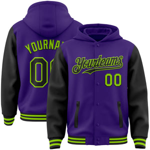 Custom Purple Black-Neon Green Bomber Full-Snap Varsity Letterman Two Tone Hoodie Jacket