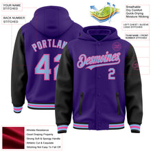 Charger l&#39;image dans la galerie, Custom Purple Light Blue Black-Pink Bomber Full-Snap Varsity Letterman Two Tone Hoodie Jacket
