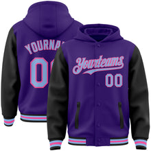 Charger l&#39;image dans la galerie, Custom Purple Light Blue Black-Pink Bomber Full-Snap Varsity Letterman Two Tone Hoodie Jacket
