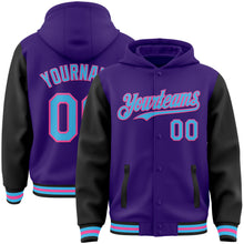 Charger l&#39;image dans la galerie, Custom Purple Sky Blue Black-Pink Bomber Full-Snap Varsity Letterman Two Tone Hoodie Jacket
