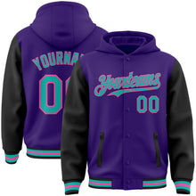 Charger l&#39;image dans la galerie, Custom Purple Aqua Black-Pink Bomber Full-Snap Varsity Letterman Two Tone Hoodie Jacket
