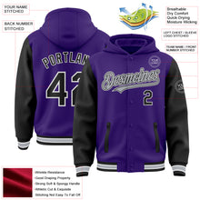 Laden Sie das Bild in den Galerie-Viewer, Custom Purple Black-Gray Bomber Full-Snap Varsity Letterman Two Tone Hoodie Jacket
