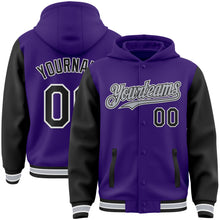 Charger l&#39;image dans la galerie, Custom Purple Black-Gray Bomber Full-Snap Varsity Letterman Two Tone Hoodie Jacket
