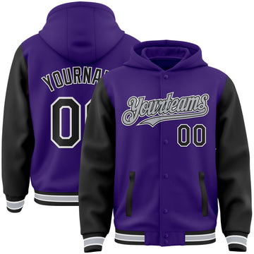 Custom Purple Black-Gray Bomber Full-Snap Varsity Letterman Two Tone Hoodie Jacket