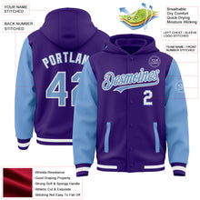 Charger l&#39;image dans la galerie, Custom Purple Light Blue-White Bomber Full-Snap Varsity Letterman Two Tone Hoodie Jacket
