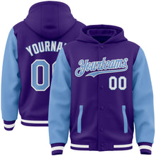 Charger l&#39;image dans la galerie, Custom Purple Light Blue-White Bomber Full-Snap Varsity Letterman Two Tone Hoodie Jacket
