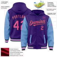 Charger l&#39;image dans la galerie, Custom Purple Pink Light Blue-Black Bomber Full-Snap Varsity Letterman Two Tone Hoodie Jacket
