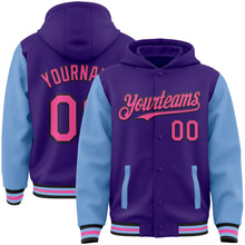 Charger l&#39;image dans la galerie, Custom Purple Pink Light Blue-Black Bomber Full-Snap Varsity Letterman Two Tone Hoodie Jacket
