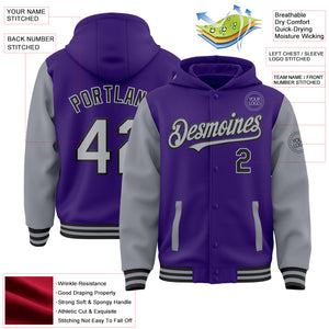 Custom Purple Gray-Black Bomber Full-Snap Varsity Letterman Two Tone Hoodie Jacket