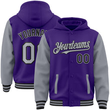 Charger l&#39;image dans la galerie, Custom Purple Gray-Black Bomber Full-Snap Varsity Letterman Two Tone Hoodie Jacket
