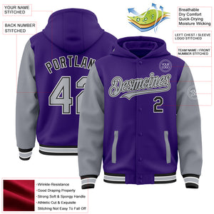 Custom Purple Gray-Black Bomber Full-Snap Varsity Letterman Two Tone Hoodie Jacket