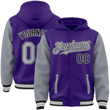 Charger l&#39;image dans la galerie, Custom Purple Gray-Black Bomber Full-Snap Varsity Letterman Two Tone Hoodie Jacket
