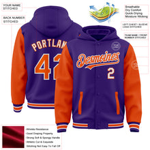 Laden Sie das Bild in den Galerie-Viewer, Custom Purple Orange-White Bomber Full-Snap Varsity Letterman Two Tone Hoodie Jacket
