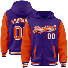 Laden Sie das Bild in den Galerie-Viewer, Custom Purple Orange-White Bomber Full-Snap Varsity Letterman Two Tone Hoodie Jacket
