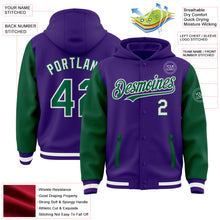 Загрузить изображение в средство просмотра галереи, Custom Purple Kelly Green-White Bomber Full-Snap Varsity Letterman Two Tone Hoodie Jacket
