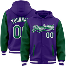 Laden Sie das Bild in den Galerie-Viewer, Custom Purple Kelly Green-White Bomber Full-Snap Varsity Letterman Two Tone Hoodie Jacket
