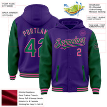 Charger l&#39;image dans la galerie, Custom Purple Kelly Green-Pink Bomber Full-Snap Varsity Letterman Two Tone Hoodie Jacket
