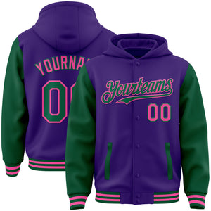 Custom Purple Kelly Green-Pink Bomber Full-Snap Varsity Letterman Two Tone Hoodie Jacket