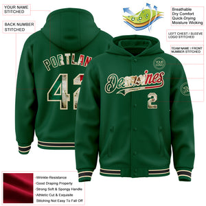 Custom Kelly Green Vintage Mexican Flag Cream-Black Bomber Full-Snap Varsity Letterman Hoodie Jacket