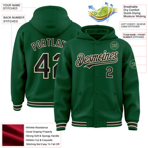 Custom Kelly Green Black-Cream Bomber Full-Snap Varsity Letterman Hoodie Jacket