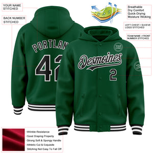 Custom Kelly Green Black-White Bomber Full-Snap Varsity Letterman Hoodie Jacket