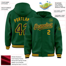 Загрузить изображение в средство просмотра галереи, Custom Kelly Green Black-Gold Bomber Full-Snap Varsity Letterman Hoodie Jacket
