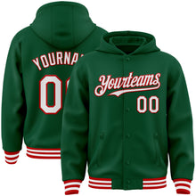 Загрузить изображение в средство просмотра галереи, Custom Kelly Green White-Red Bomber Full-Snap Varsity Letterman Hoodie Jacket
