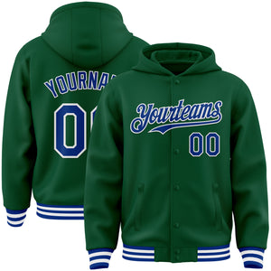 Custom Kelly Green Royal-White Bomber Full-Snap Varsity Letterman Hoodie Jacket