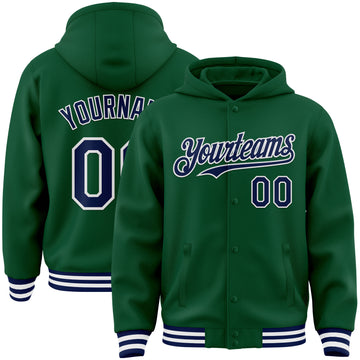 Custom Kelly Green Navy-White Bomber Full-Snap Varsity Letterman Hoodie Jacket