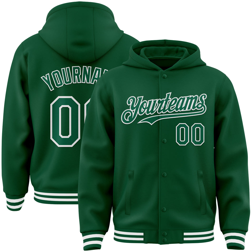 Custom Kelly Green White Bomber Full-Snap Varsity Letterman Hoodie Jacket